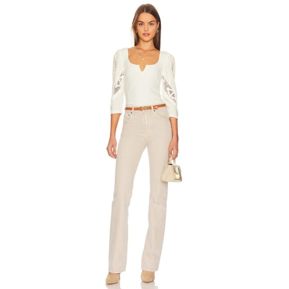 Free People Brunch Date Top 3/4 Lace Puff Sleeve Blouse Size Medium Revolve - Picture 5 of 16